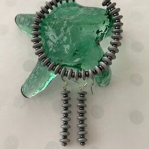 Black Hematite with Gray Beads Bracelet and Pierced Earrings